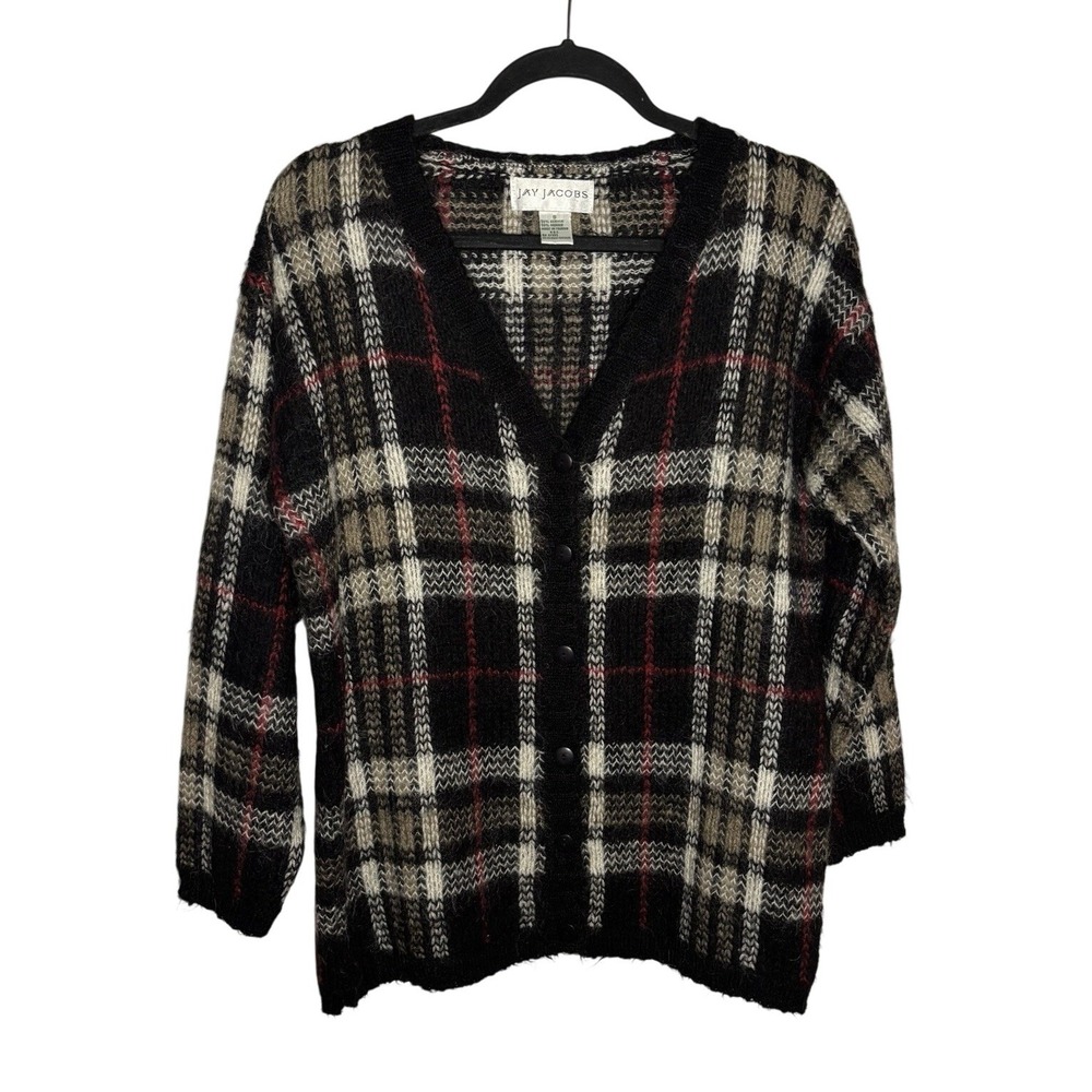 Vintage Jay Jacobs Cardigan Womens S Mohair Plaid V-neck Granny Cabin Cozy